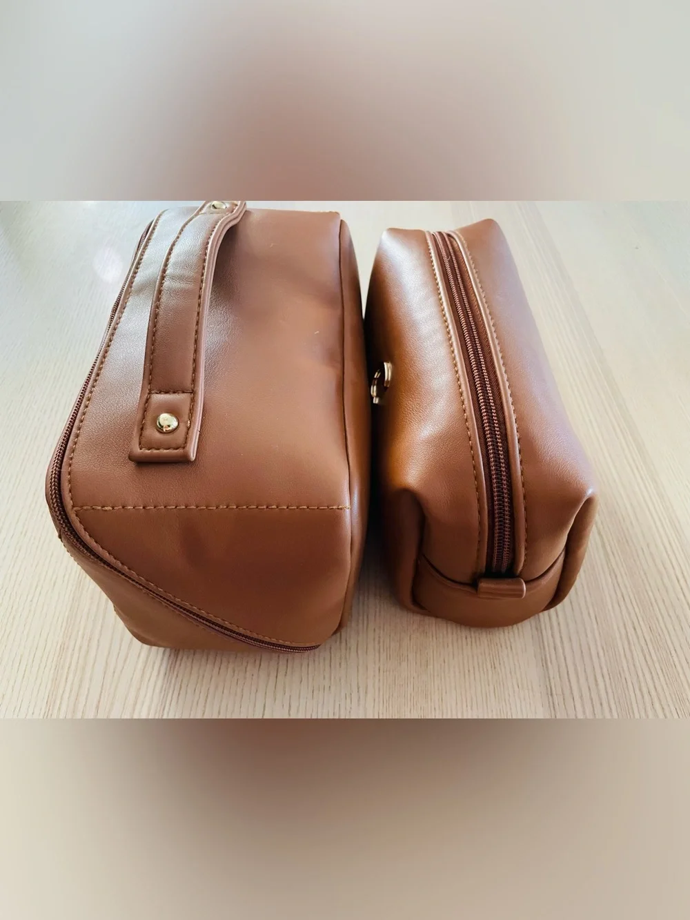 Tan faux leather matching cosmetic bag/ case set, gold “C” emblem, excellent